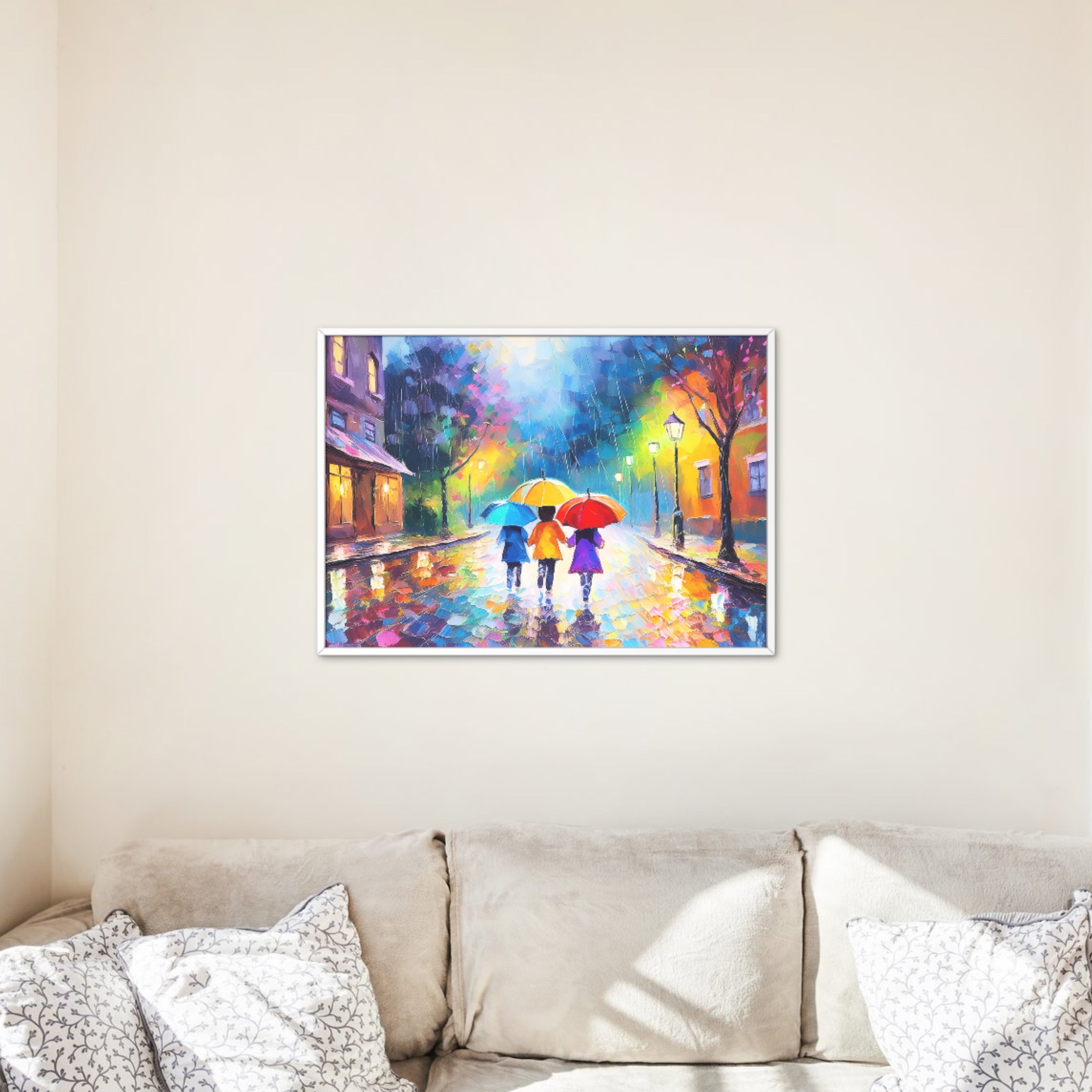 19. Colorful Rainy Street Walk – Impressionist Kids with Umbrellas Wall Art 繽紛雨中街景散步 – 印象派童趣雨傘牆面藝術