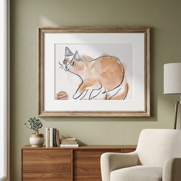 9. Whimsical Cat with Yarn Digital Art for Wall – Gentle Ink Charm 奇趣貓與毛線數位藝術掛畫 – 溫柔墨影魅力