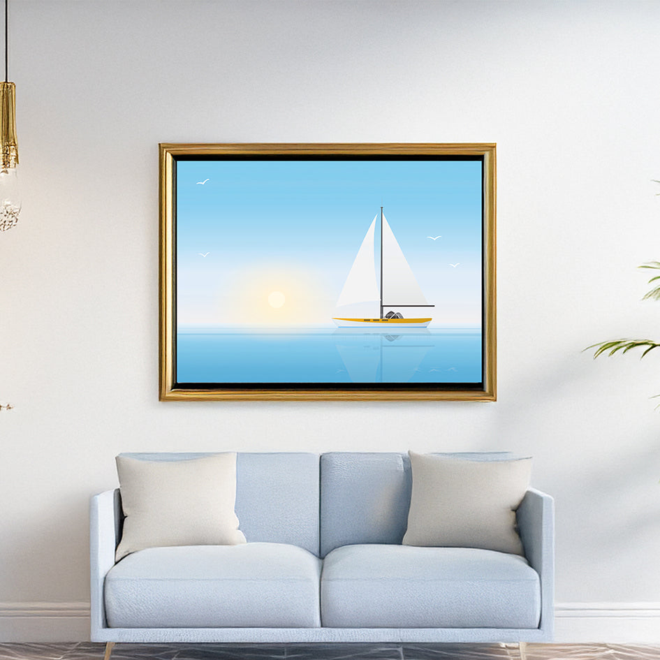 7. Sailboat Illustration – Calm Water & Sunrise Scene  帆船插畫 – 靜謐水面與日出場景