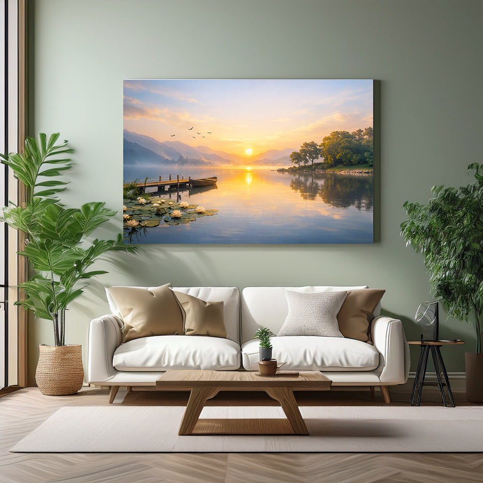 23. Serene Lakeside Sunrise Landscape Wall Art  寧靜湖畔日出風景掛畫