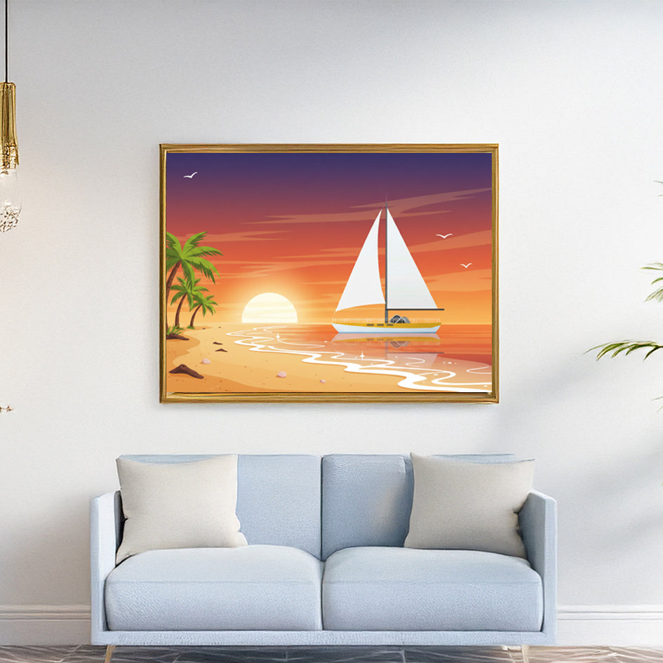 3. Sunset Beach Sailboat 日落海灘帆船插畫