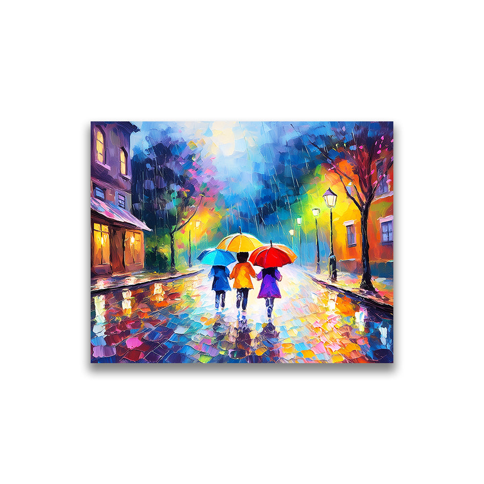 19. Colorful Rainy Street Walk – Impressionist Kids with Umbrellas Wall Art 繽紛雨中街景散步 – 印象派童趣雨傘牆面藝術